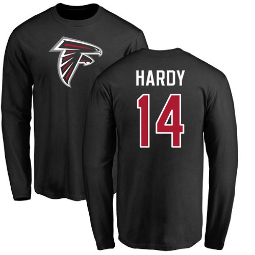 Atlanta Falcons Men Black Justin Hardy Name And Number Logo NFL Football #14 Long Sleeve T Shirt
